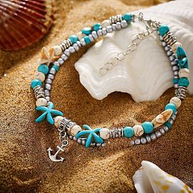 Boho Double Layer Anklet with Seashell, Starfish and Anchor Charms