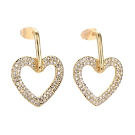 Brass Micro Pave Clear Cubic Zirconia Dangle Stud Earrings, with Ear Nuts, Heart