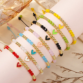 Браслеты с подвесками в виде сердечек из латуни с эмалью, Браслеты из плетеных бусин из стекла и латуни для женщин, золотые