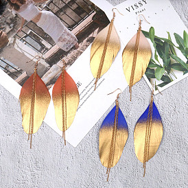 Personality golden colorful sequin feather earrings long chain leaf ear hook stage performance accessories