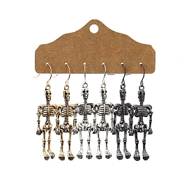 3 Pairs 3 Color Alloy Skeleton Long Dangle Earrings Set, Halloween Iron Jewelry for Women