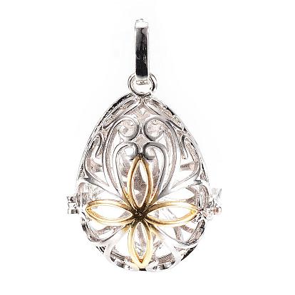 Rack Plating Brass Cage Pendants, For Chime Ball Pendant Necklaces Making, Hollow Teardrop with Flower
