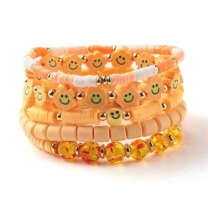Round Imitation Amber & Polymer Clay Beads Stretch Bracelets Sets, Smiling Face Stackable Bracelets for Women