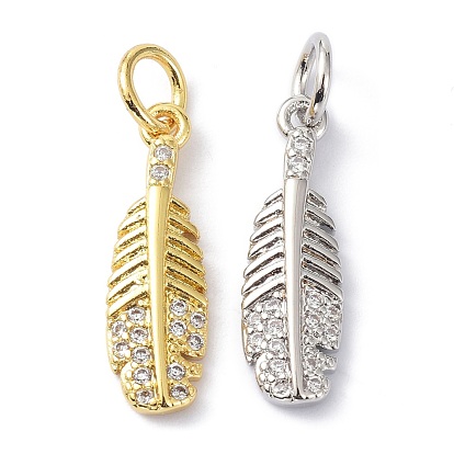 Brass Micro Pave Clear Cubic Zirconia Pendants, with Jump Ring, Long-Lasting Plated, Lead Free & Cadmium Free, Leaf