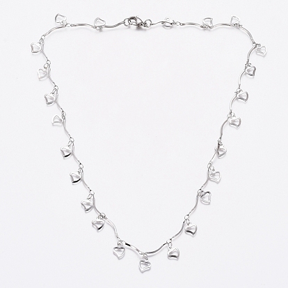 304 Stainless Steel Love Heart Charm Necklaces, Bar Link Chain Necklaces, with Lobster Claw Clasps