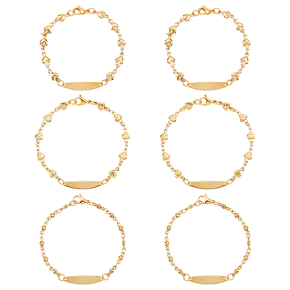 3Pcs 3 Style 304 Stainless Steel Oval Link Bracelets Set for Women, Mushroom & Flat Round & Heart Link Bracelets