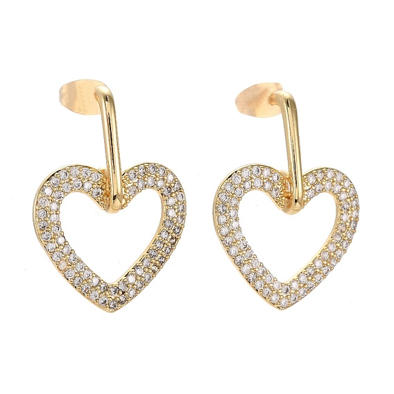 Brass Micro Pave Clear Cubic Zirconia Dangle Stud Earrings, with Ear Nuts, Heart