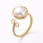 Adjustable Natural Pearl Finger Rings, with Copper Wire and Cardboard Packing Box, Flat Round