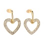 Brass Micro Pave Clear Cubic Zirconia Dangle Stud Earrings, with Ear Nuts, Heart