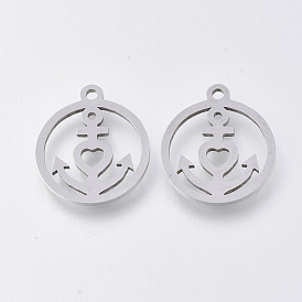 201 Stainless Steel Pendants, Laser Cut Pendants, Flat Round with Anchor