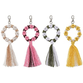 Flower Handmade Macrame Cotton Threads Pendant Decorations, Alloy Swivel Clasps Charms for Bag Ornaments