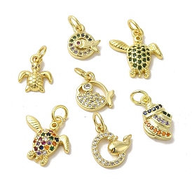 Real 18K Gold Plated Brass Pave Colorful Cubic Zirconia Pendants, with Jump Rings