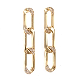 Brass Micro Pave Clear Cubic Zirconia Dangle Stud Earrings, with Ear Nuts, Long-Lasting Plated, Curb Chain Shape