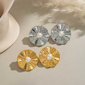 Серьги-гвоздики из нержавеющей стали с плоскими круглыми складками, с имитацией жемчуга