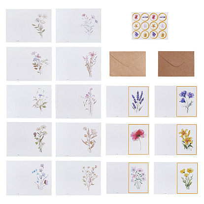 12Pcs Flower Paper Postcard with 12Pcs Rectangle Blank Kraft Paper Envelopes and 12Pcs Stickers Kits, with 10Pcs Flower Paper Postcard with 10Pcs Blank Kraft Paper Envelopes Kits