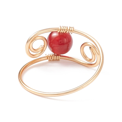 Round Natural Gemstone Braided Finger Ring, Golden Copper Wire Wrap Jewelry for Women