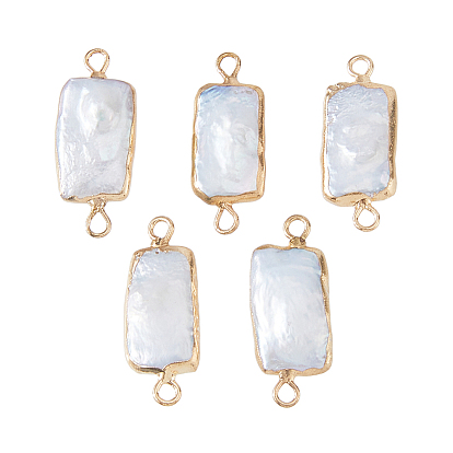 5Pcs Natural Freshwater Pearl Keshi Pearl Rectangle Links Connector Charms, with Brass Findings, Floral White