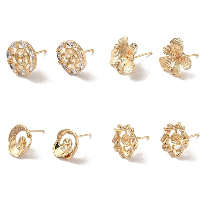 Golden Brass Micro Pave Cubic Zirconia Stud Earring Findings, Earring Settings for Half Drilled Beads