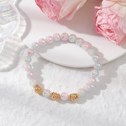 Гальванизированные стеклянные браслеты-растяжки, с латунной бисера, круглые