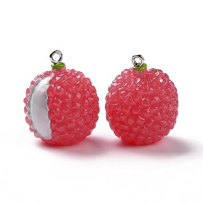 Opaque Resin Fruit Pendants, Litchee Charm with Platinum Tone Iron Loops