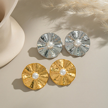 Серьги-гвоздики из нержавеющей стали с плоскими круглыми складками, с имитацией жемчуга