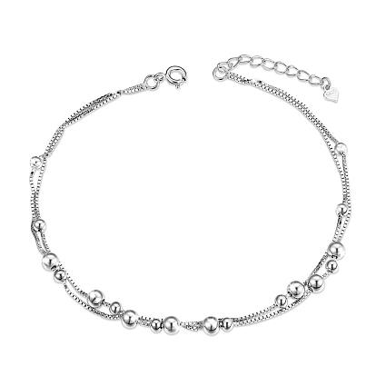 SHEGRACE 925 Sterling Silver Multi-Strand Anklets, with Box Chains and Round Beads