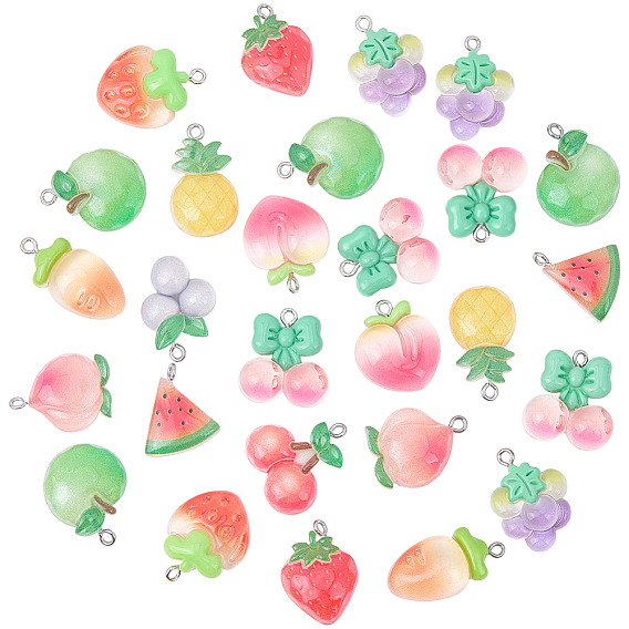 30 шт. подвески из полупрозрачной смолы с фруктовой тематикой, с платиновыми железными петлями, разноцветные