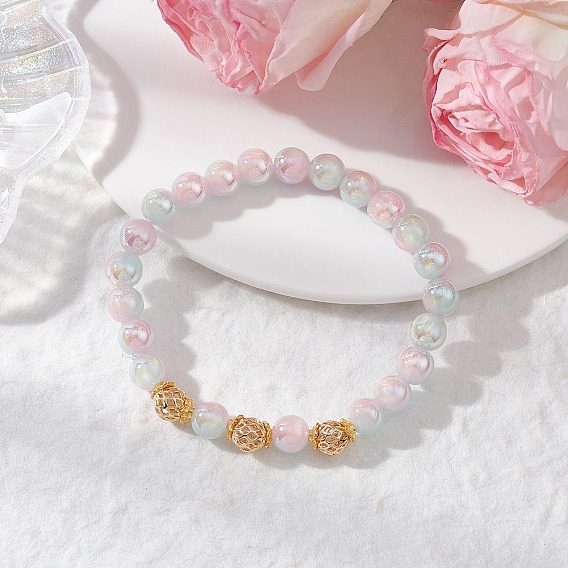 Гальванизированные стеклянные браслеты-растяжки, с латунной бисера, круглые