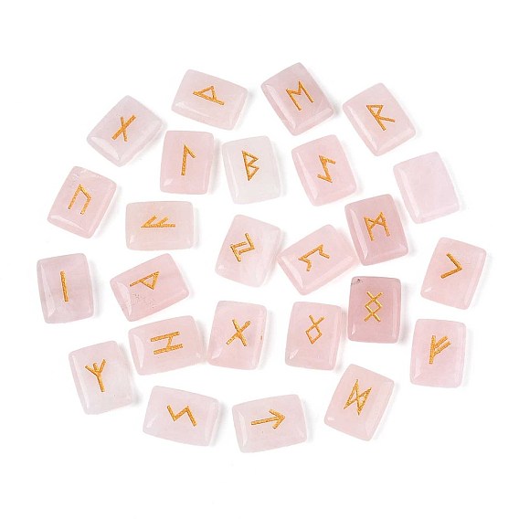 25 шт. прямоугольные рунические камни из натурального розового кварца с гравировкой алфавита футарка