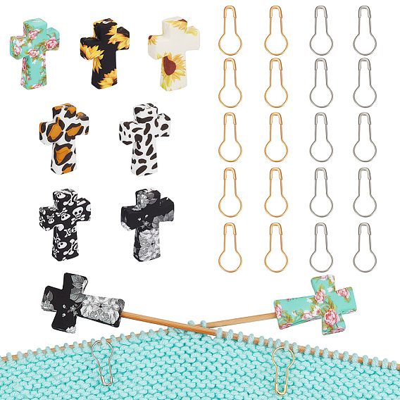 7шт 7 стили крест силиконовые бусины протекторы для спиц/стопоры для спиц, с 20 шт. железными булавками для килта, маркерами для петель, для вязания инструментов