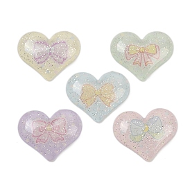 Пластиковые кабошоны, сердце с бантом, с блеском порошок