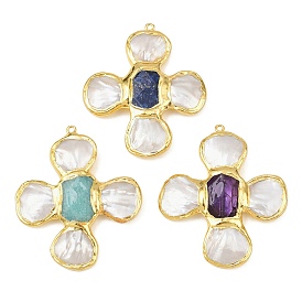 Большие подвески из натуральных драгоценных камней и ракушечного жемчуга, с латунной фурнитурой , крест прелести, граненые, золотые