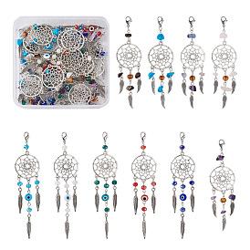 20 piezas 10 colgantes de aleación de estilo, red / tela tejida con pluma, con cuentas de piedras preciosas y perlas de vidrio, cristal de murano, Cierres de garra de langosta de aleación y latón