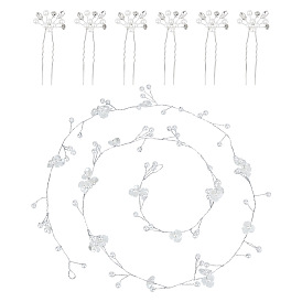 1 шт. свадебная повязка на голову с жемчугом и цветами для невесты, железная проволока для женщин и девочек, с 1PC свадебными вилками для волос со стразами и жемчугом