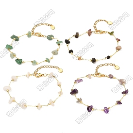 Brass Natural Gemstone Chain Bracelets, Chip, Golden