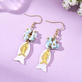 Серьги-подвески в виде рыбок из натуральных ракушек и кусочков натурального ларимара., с крюком из нержавеющей стали 304