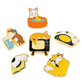 Golden Alloy Brooches, Cartoon Cat & Telephone/Cabinet/Book Enamel Pins