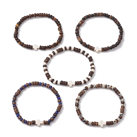Bracelets extensibles en perles de pierres précieuses mélangées rondes de 1 mm, bracelets extensibles en croix de noix de coco naturelle et de turquoise synthétique, pour femmes hommes