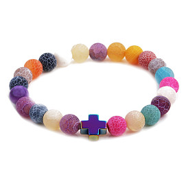Colorful Agate Buddha Bead Bracelet with Cross Dumbbell Charm and Elasticity - Perfect for Fitness Enthusiasts!