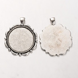 Tibetan Style Alloy Flower Pendant Cabochon Settings, Cadmium Free & Lead Free, with Flat Round Tray, 46x38x2mm, Hole: 5x7mm, Tray: 30mm, about 121pcs/kg