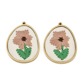 304 Stainless Steel & Embroidered Pendants, Oval with Flower Charms, Tan, Ion Plating(IP), Long-Lasting Plated