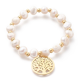 304 Stainless Steel Stretch Charm Bracelets, with Natural Pearl Nuggets Beads, Flat Round with Tree of Life