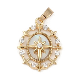 Brass Micro Pave Clear Cubic Zirconia Enamel Pendants, Oval with Cross