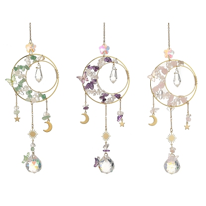 Natural Mixed Gemstone & Brass Ring Suncatcher with 304 Stainless Steel Sun Moon Star Charm, Glass Round Prism Window Hanging for Home & Garden Decor