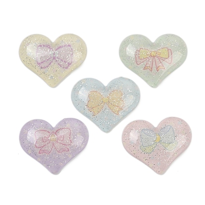 Пластиковые кабошоны, сердце с бантом, с блеском порошок