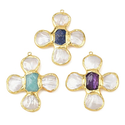 Большие подвески из натуральных драгоценных камней и ракушечного жемчуга, с латунной фурнитурой , крест прелести, граненые, золотые