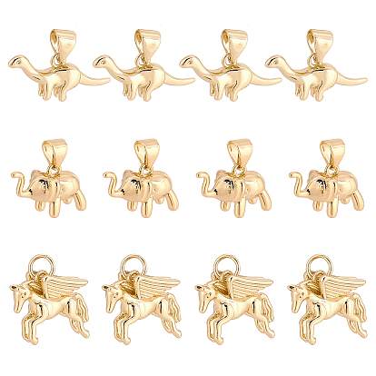 12Pcs 3 Style Brass Charms, Long-Lasting Plated, Dinosaur & Unicorn & Elephant