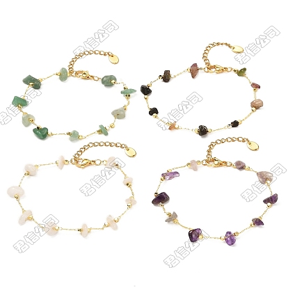 Brass Natural Gemstone Chain Bracelets, Chip, Golden