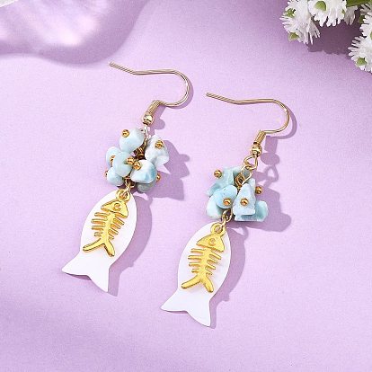 Серьги-подвески в виде рыбок из натуральных ракушек и кусочков натурального ларимара., с крюком из нержавеющей стали 304