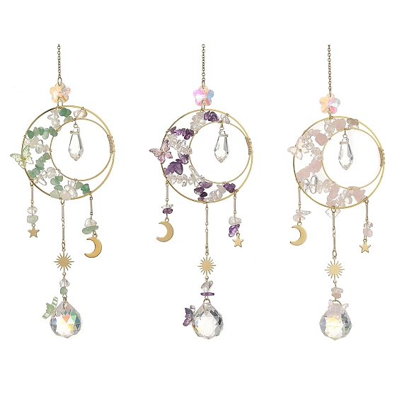 Anillo atrapasol de latón y piedras preciosas mixtas naturales con dije de sol, luna y estrella de acero inoxidable., Prisma redondo de cristal para colgar en la ventana, ideal para la decoración del hogar y el jardín.